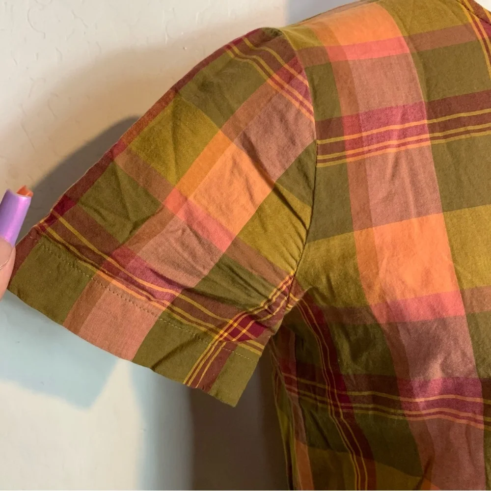 Madewell Size XXS Plaid Blouse Top Button Down Back Orange Red Short Sleeve - Picture 5 of 7